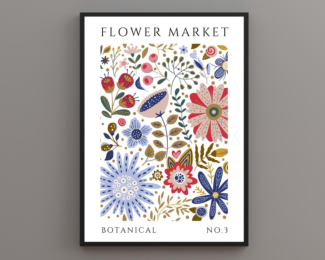 Flower Market Red Blue Coral Folk Florals Botanical No 3 Poster