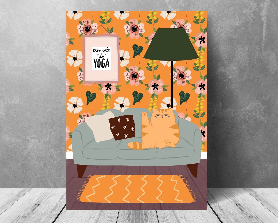 Ginger Cat on Grey Sofa by Keep Calm and Do Yoga Sign Animal Poster - Image 3