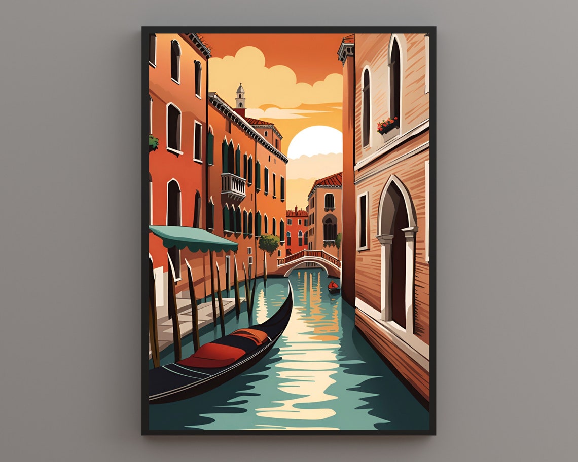 Venice Canal Gondola Bridge Golden Sunset Italy Evening Poster