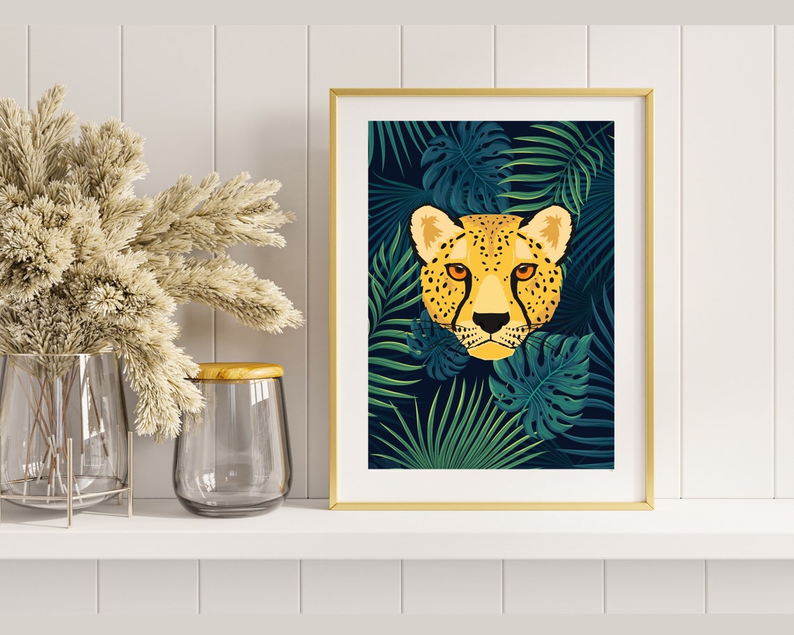 Striking Cheetah Face Emerging from Midnight Tropical Leaves Poster - Image 2