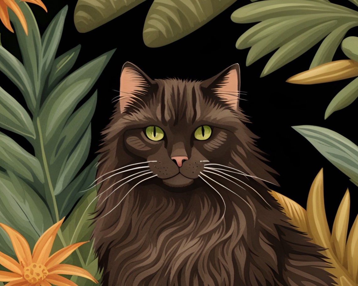 Fluffy Dark Brown Longhair Cat Among Lush Tropical Leaves Poster - Image 2