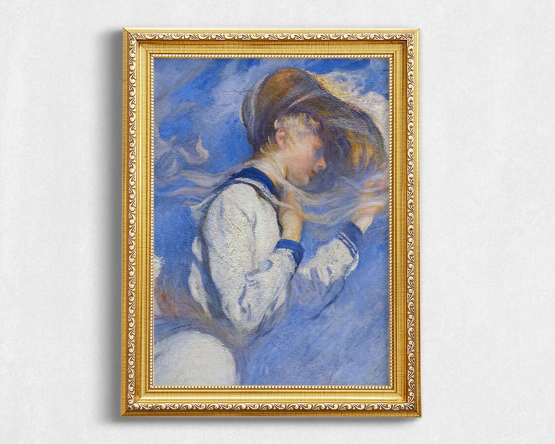Young Sailor Clutching Hat In Wind Vintage Portrait Oil Painting Print - Image 2