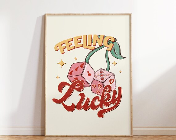 Feeling Lucky Fun Retro Bold Cherry Dice Typography Wall Art