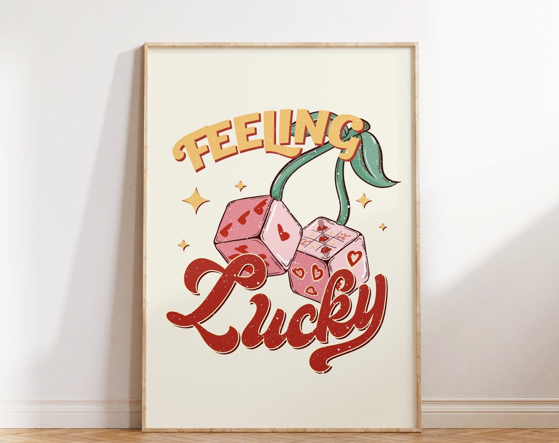 Feeling Lucky Fun Retro Bold Cherry Dice Typography Wall Art