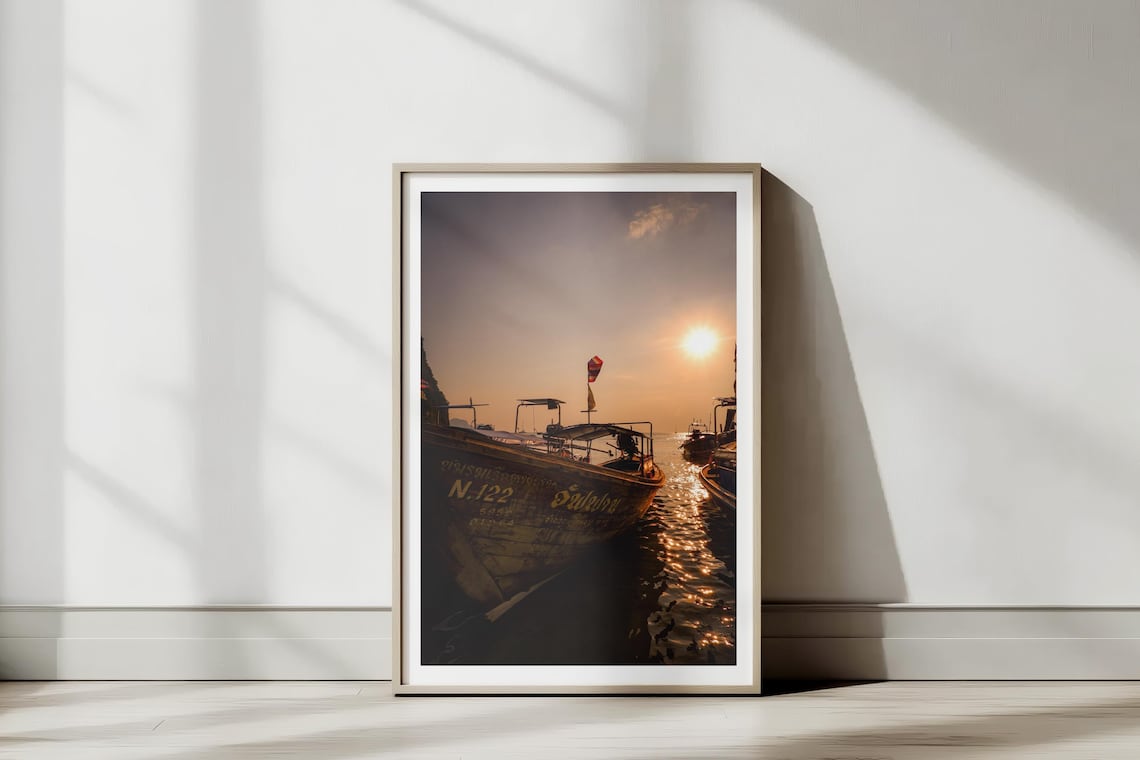 Longtail Boats Golden Sunset Thai Flag Ocean Photography Poster