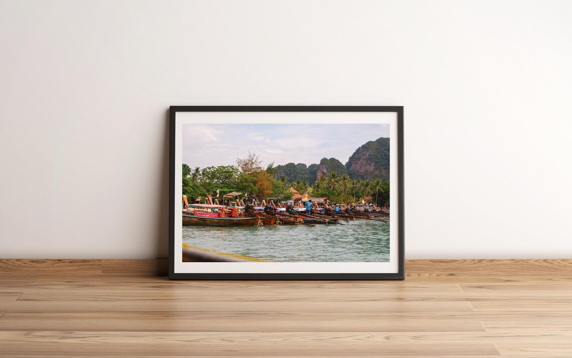 Thailand Longtail Boats Anchored At Tropical Beach Cliffs Photo Poster