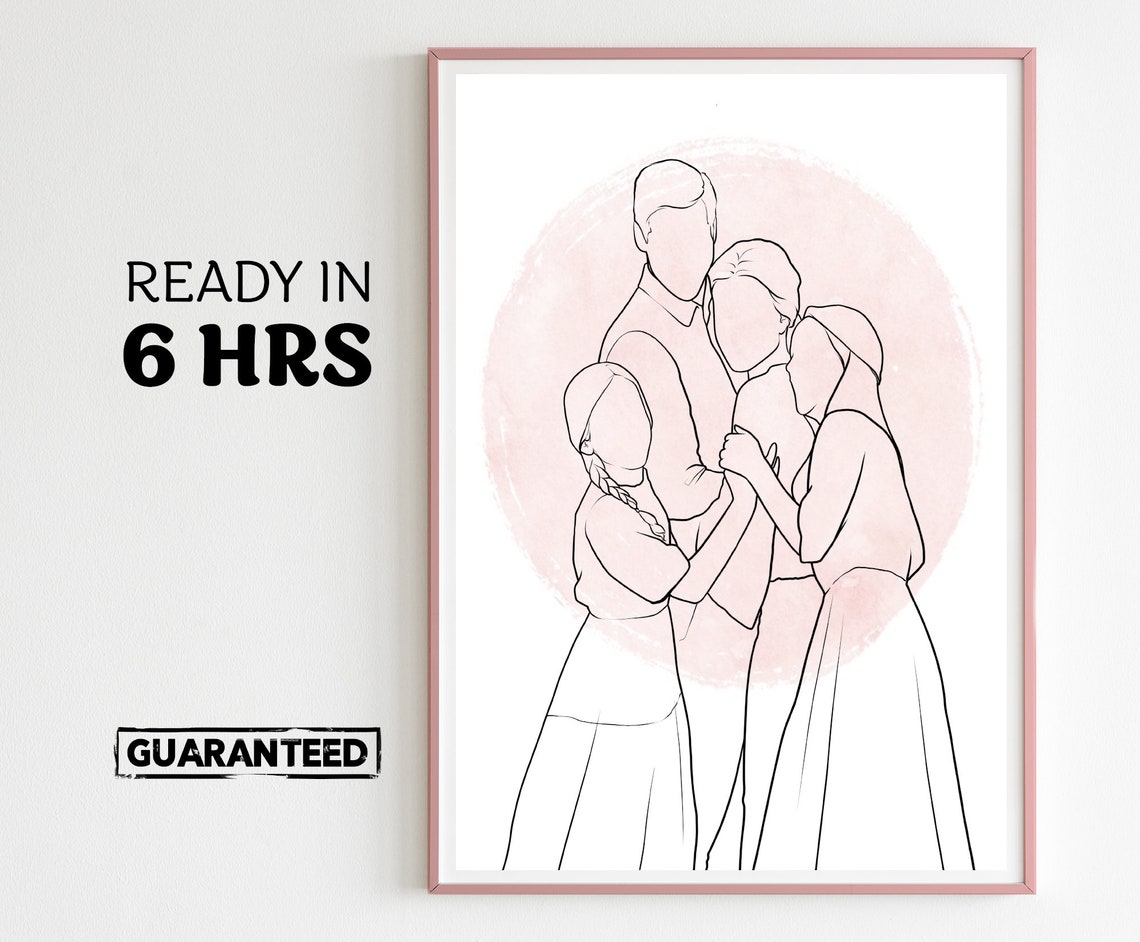 Personalized Faceless Line Art Family of Four Hug Portrait Poster