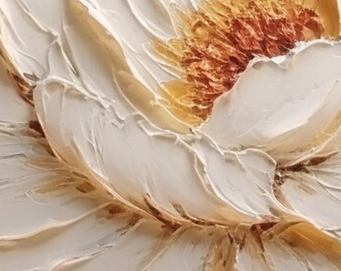 Large White Peony Blossom Thick Impasto on Soft Pale Blue Poster - Image 3