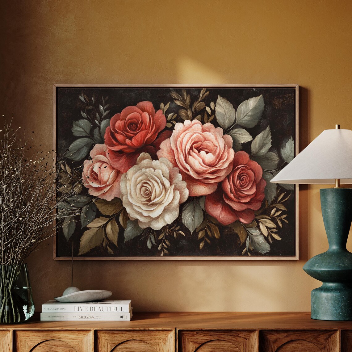 Red Blush Cream Rose Bouquet Vintage Baroque Floral Still Life Poster