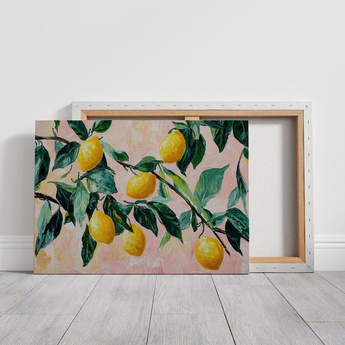 Lemon Tree Branches Bright Yellow Lemons Pastel Pink Oil Art Poster