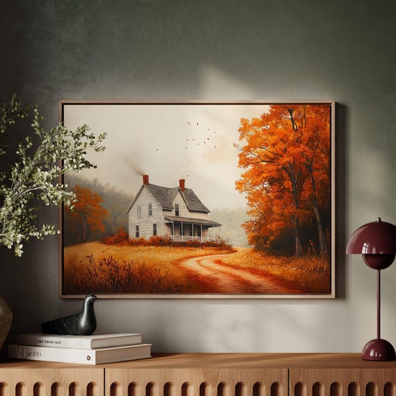 Autumn Farmhouse Landscape, Rustic Country House Art