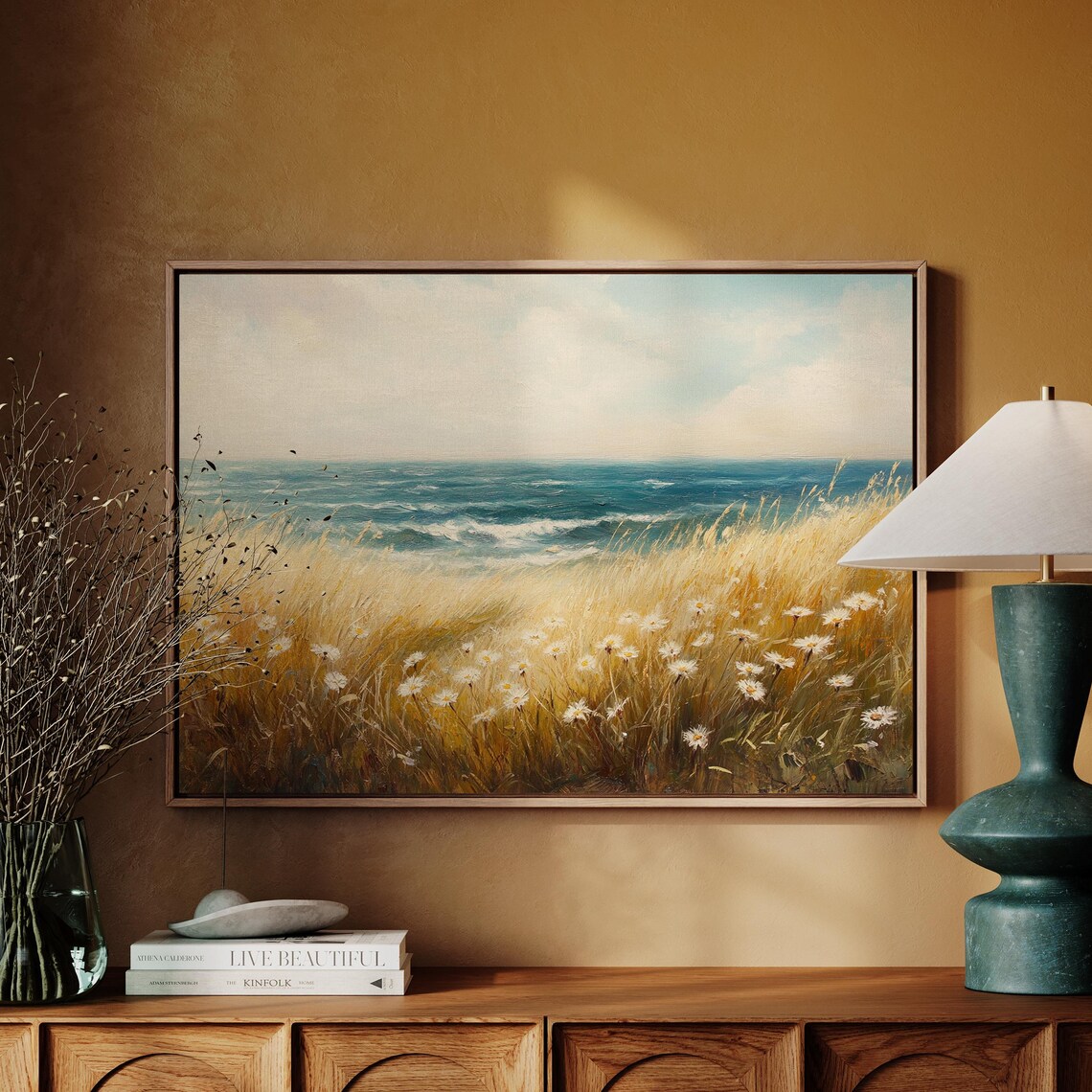 Golden Beach Grasses And White Daisies Windy Ocean Shore Art Poster