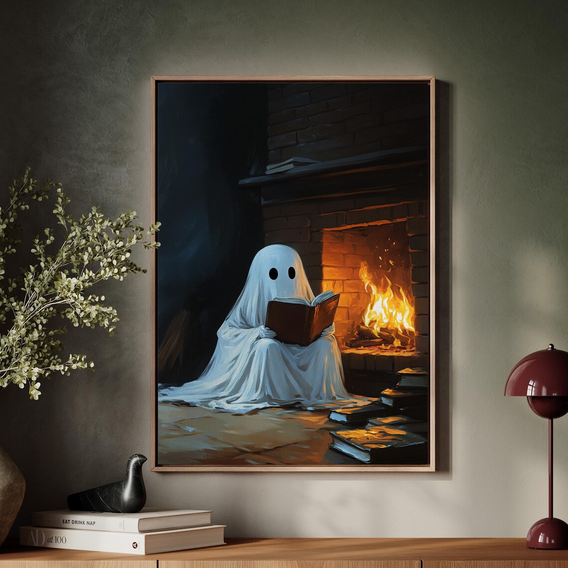 Cozy Ghost Reading By The Fireplace, Winter Gothic Art
