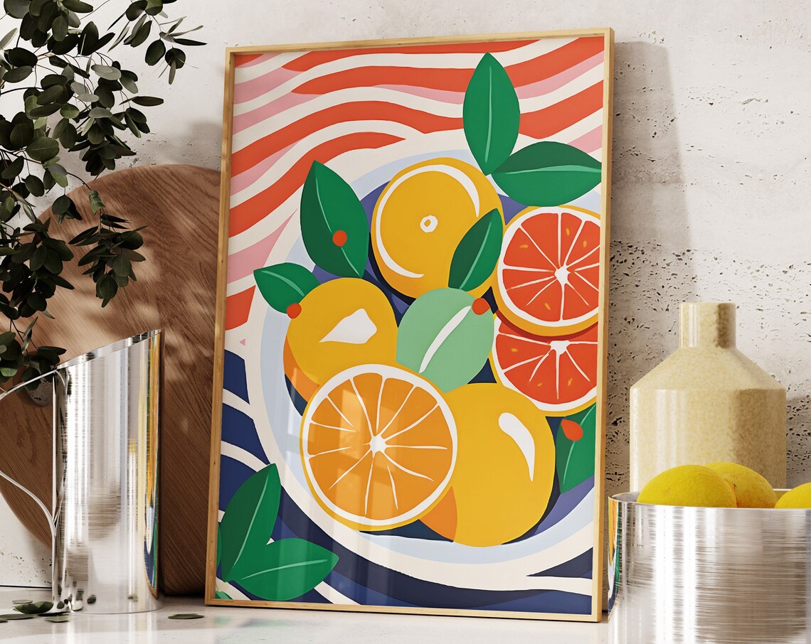 Orange Citrus Fruit Bowl Retro Striped Kitchen Decor Art Poster