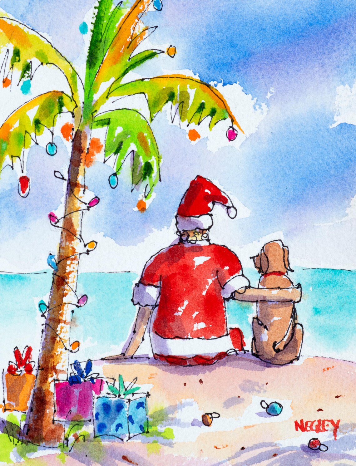 Santa Claus with His Dog Enjoying a Tropical Christmas Beach Poster