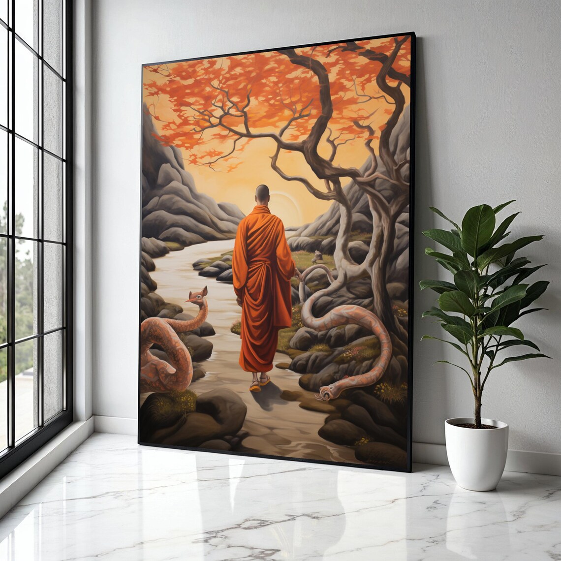 Orange Robed Monk Walking Autumn Valley Serpent Spirit Poster