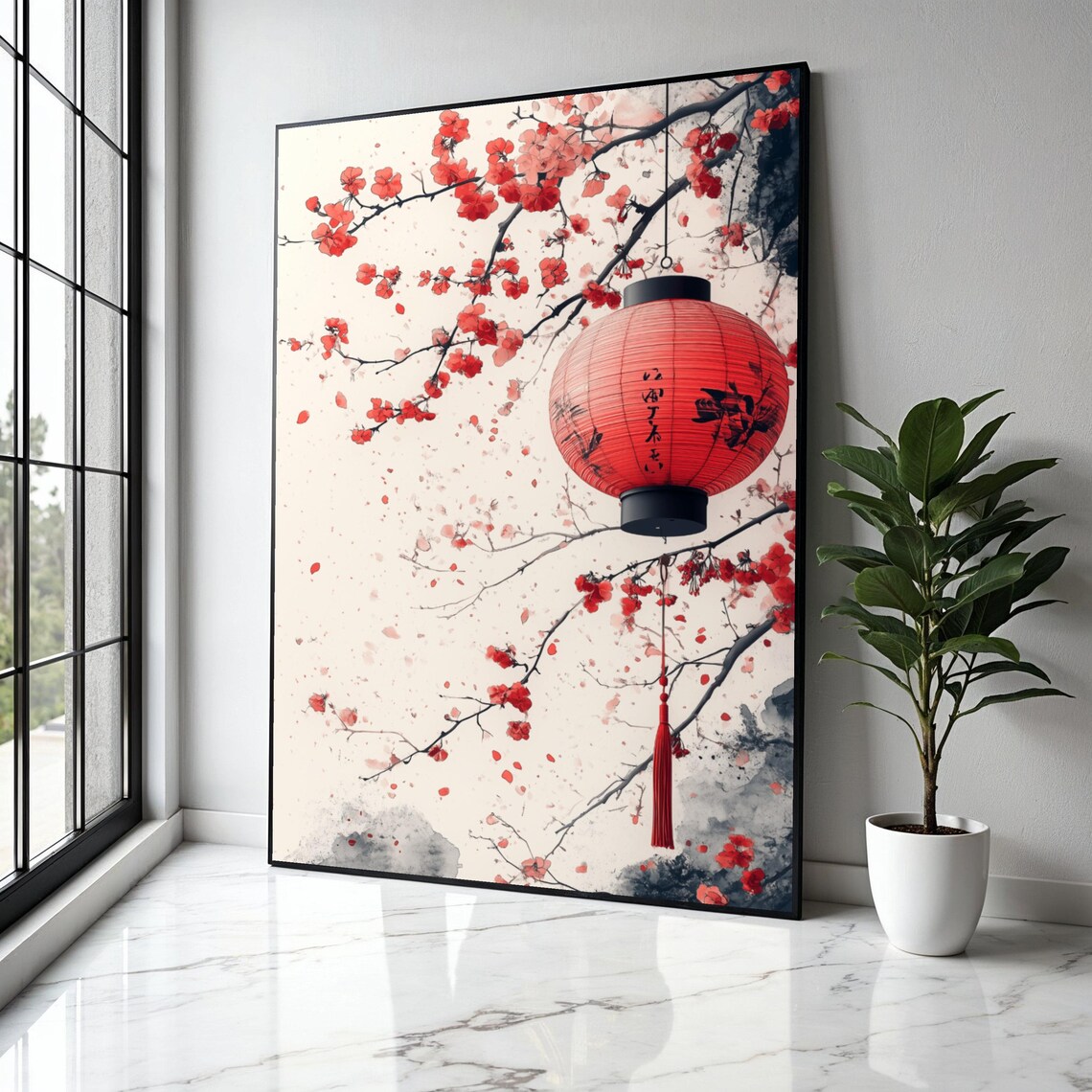 Red Japanese Lantern Cherry Blossom Branch Oriental Floral Poster