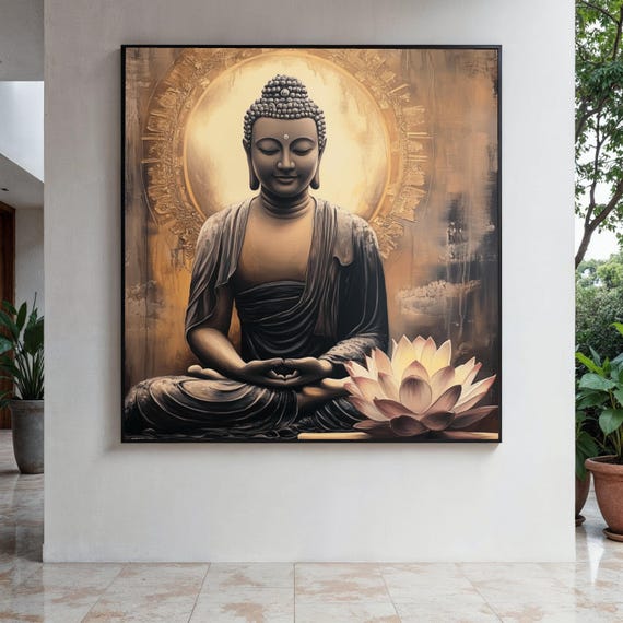 Serene Buddha Meditation Canvas Wall Art Spiritual Home Decor Flower Painting Zen Inspired Gift Print
