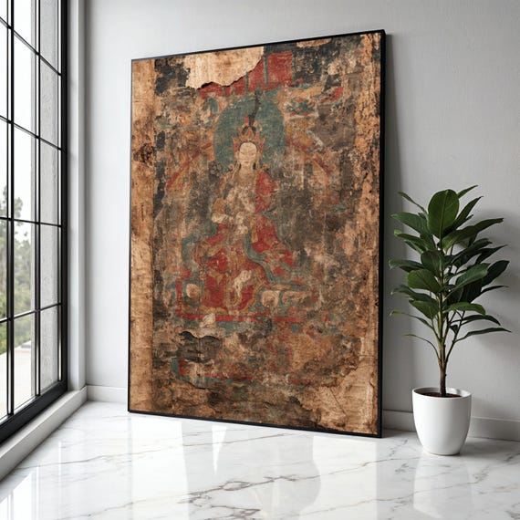 Ancient Buddhist Art Canvas Vintage Spiritual Wall Worn Religious Painting Eastern Decor Gift Home Print