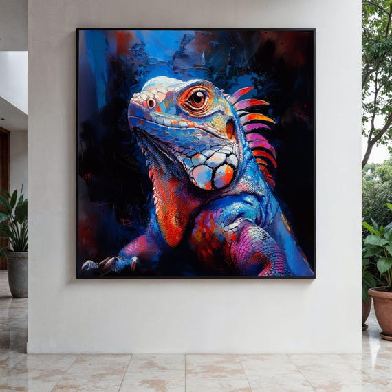 Vibrant Iguana Canvas Wall Art Colorful Lizard Painting Tropical Reptile Decor Modern Wildlife Bold Gift Home Print