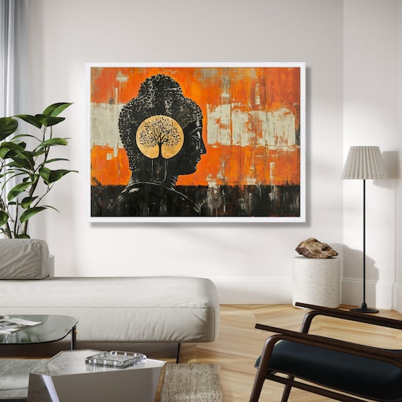 Buddha Silhouette Golden Tree of Life Circle Orange Abstract Zen Poster