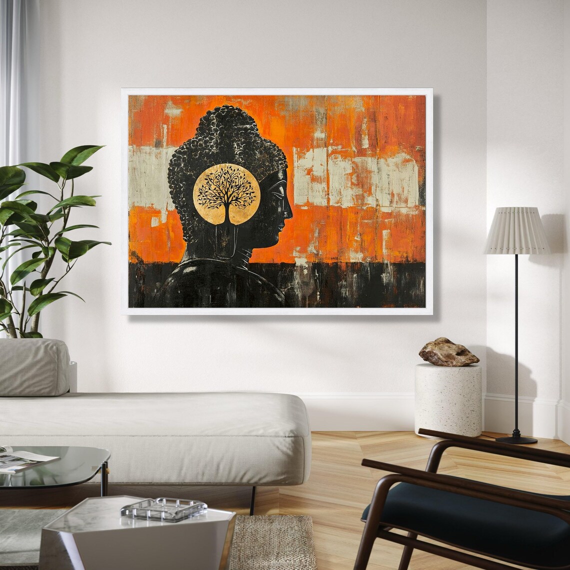 Buddha Silhouette Golden Tree of Life Circle Orange Abstract Zen Poster