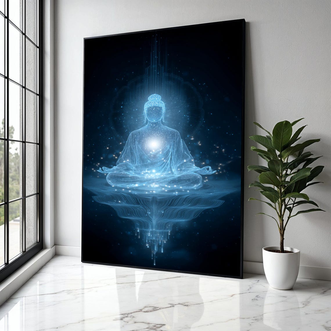 Glowing Blue Energy Buddha Floating Cosmic Digital Art Poster