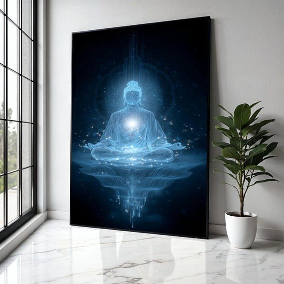 Illuminated Buddha Meditation Canvas Spiritual Wall Art Glowing Zen Home Decor Mindfulness Gift Print