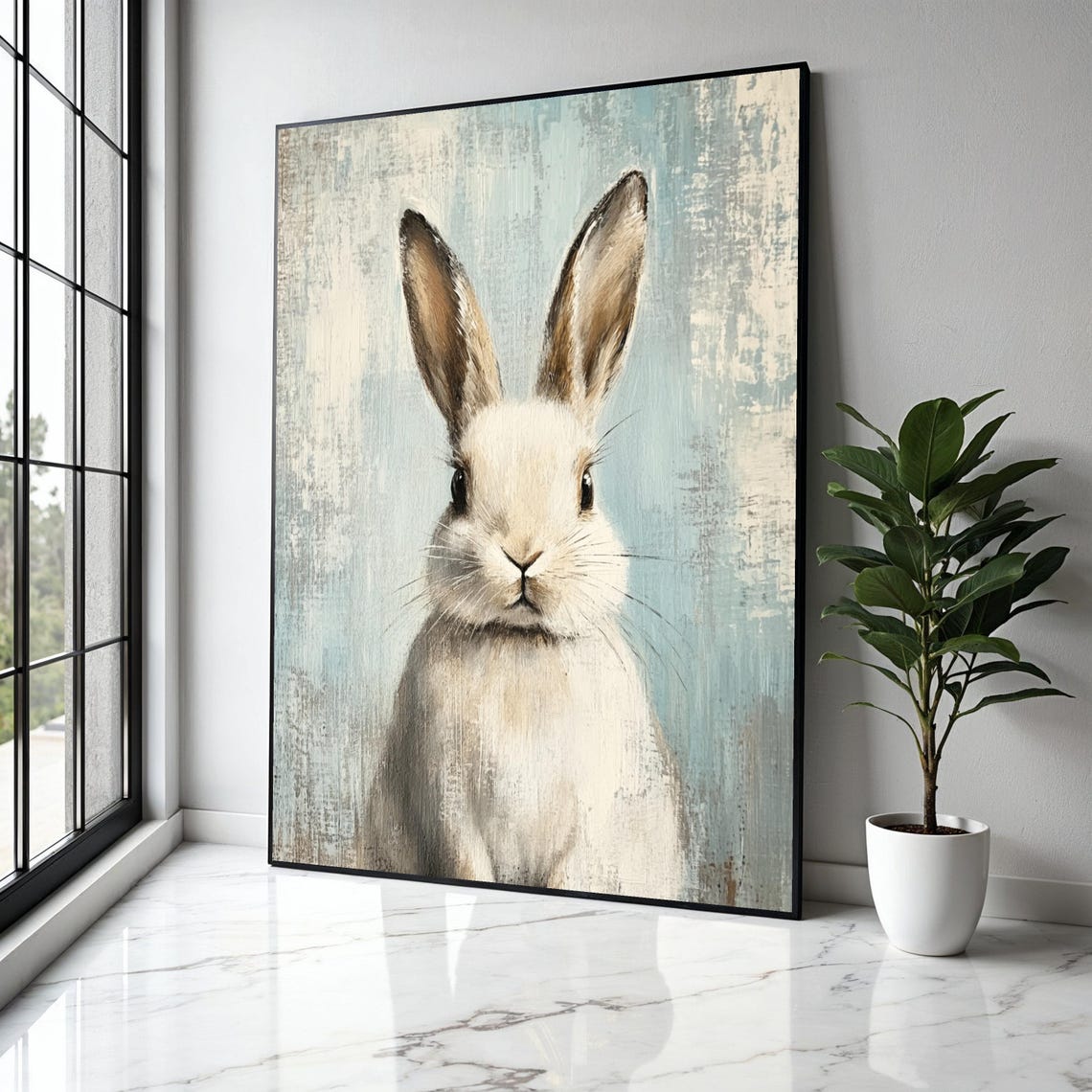 Adorable White Rabbit Canvas Rustic Blue Background Nursery Wall Art Cute Animal Painting Farmhouse Decor Gift Home Print