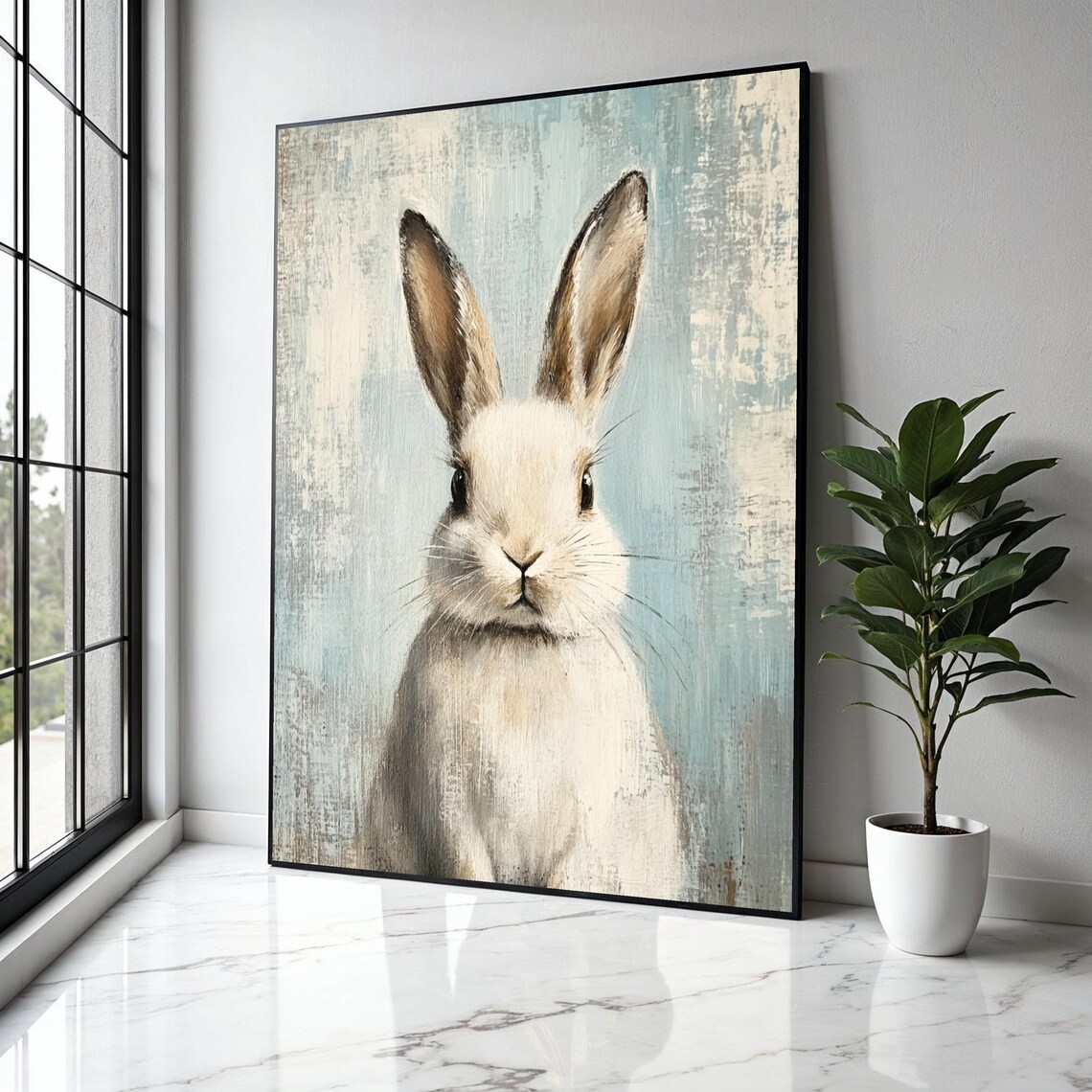 White Rabbit Portrait On A Rustic Blue Textured Background Painting Poster