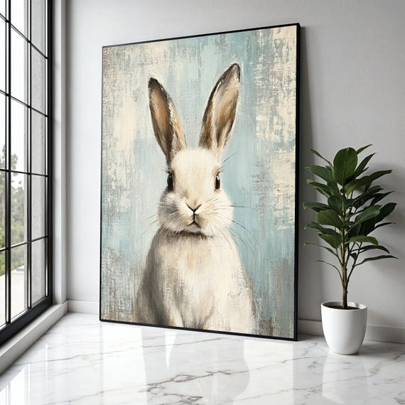 Adorable White Rabbit Canvas Rustic Blue Background Nursery Wall Art Cute Animal Painting Farmhouse Decor Gift Home Print