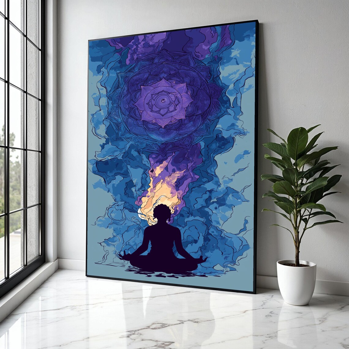 Yoga Meditation Silhouette Under Purple Lotus Mandala Poster