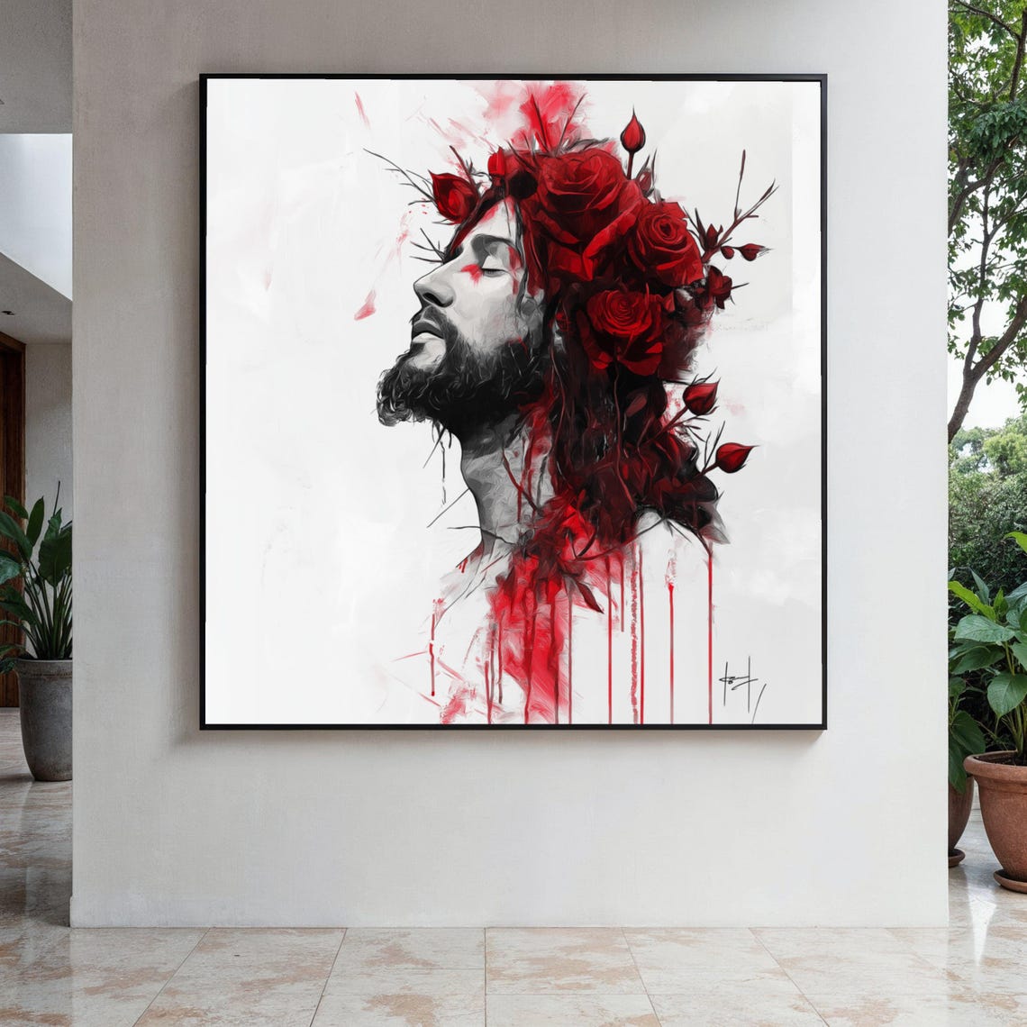 Artistic Bearded Man Portrait Red Roses Floral Crown Abstract Poster