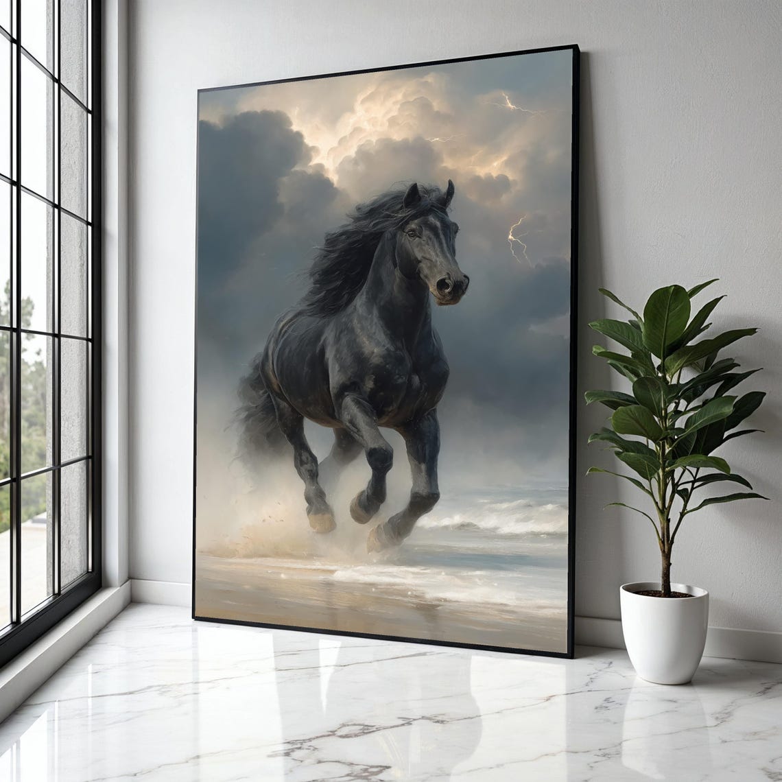 Black Stallion Running On Beach Under Stormy Lightning Sky Poster