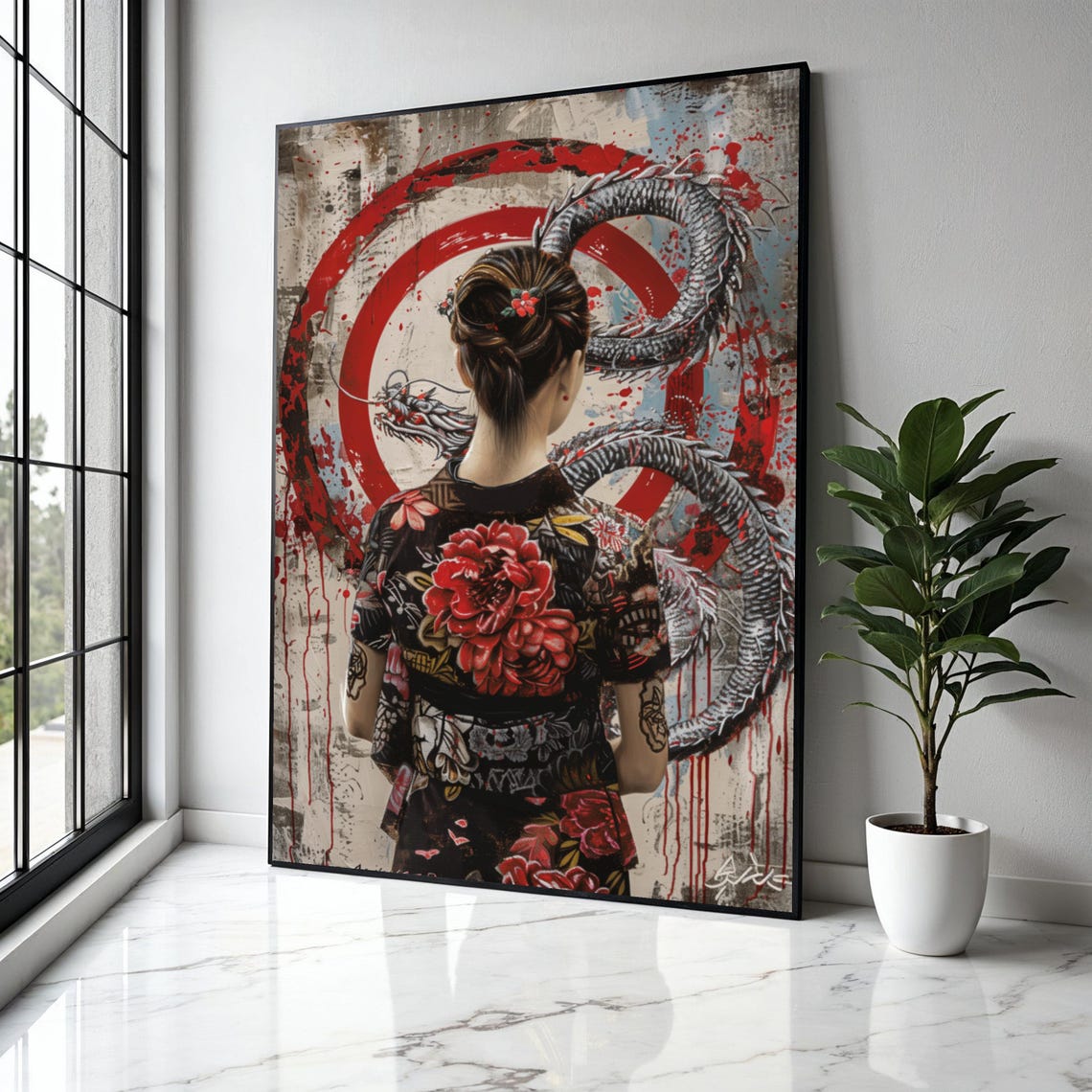 Geisha Back View Floral Kimono Coiled Silver Dragon Grunge Poster