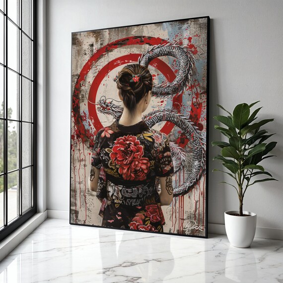 Geisha Woman With Dragon Canvas Red Floral Kimono Wall Art Asian Mythology Decor Japanese Tattoo Style Gift Home Print