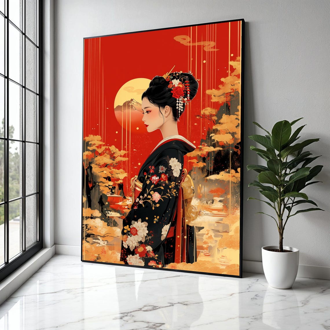 Geisha Rising Sun Bold Red Sky Golden Clouds Japanese Poster