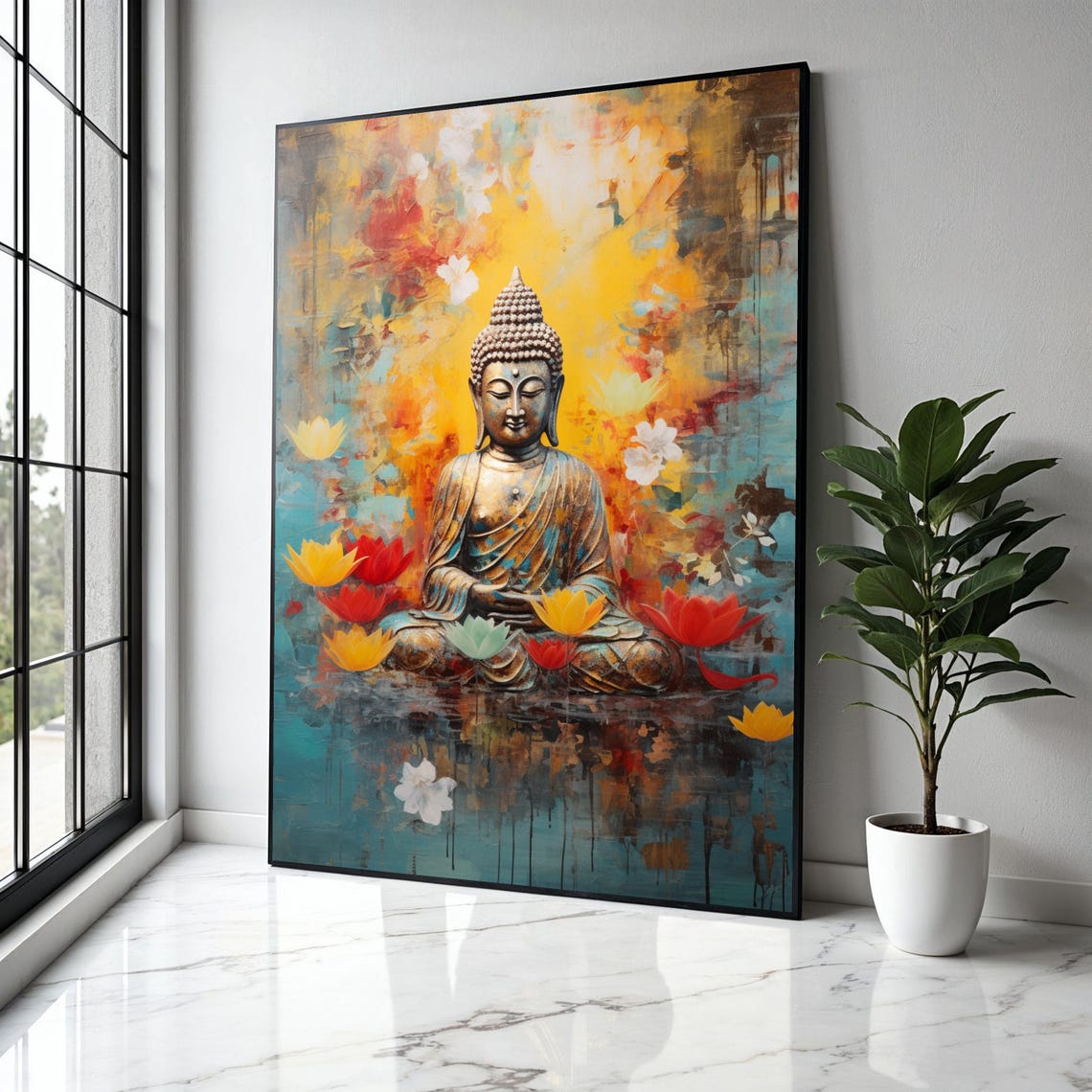Buddha Among Floating Lotus Flowers Colorful Abstract Art Poster