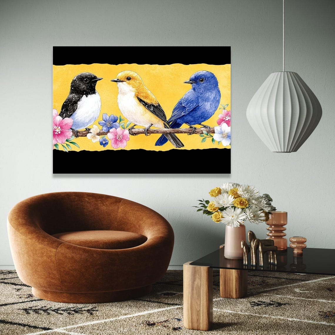 Three Colorful Songbirds Floral Branch Bright Yellow Nature Wall Art