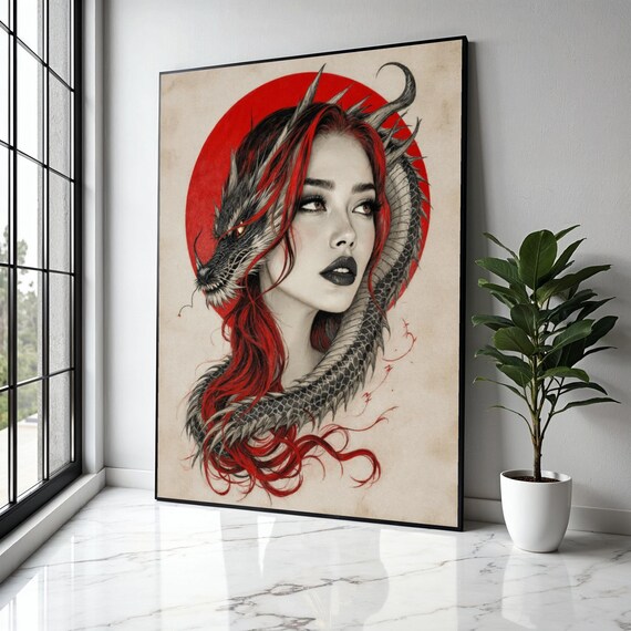 Mystical Woman With Dragon Red Hair And Oriental Circle Canvas Fantasy Wall Art Asian Mythology Decor Gift Home Print
