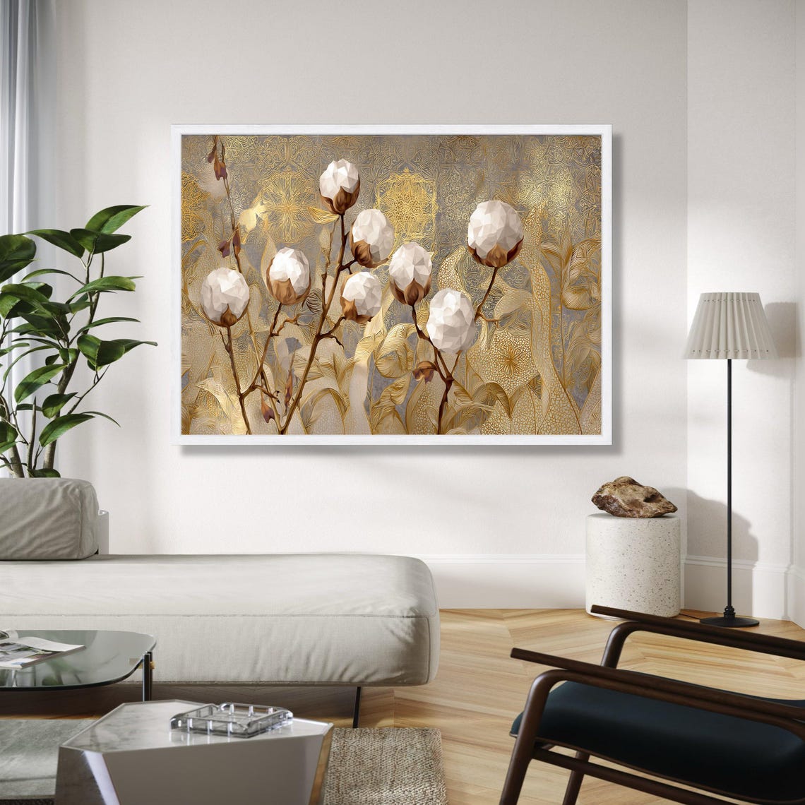 Golden Cotton Bolls On Stems Over Ornate Botanical Pattern Poster