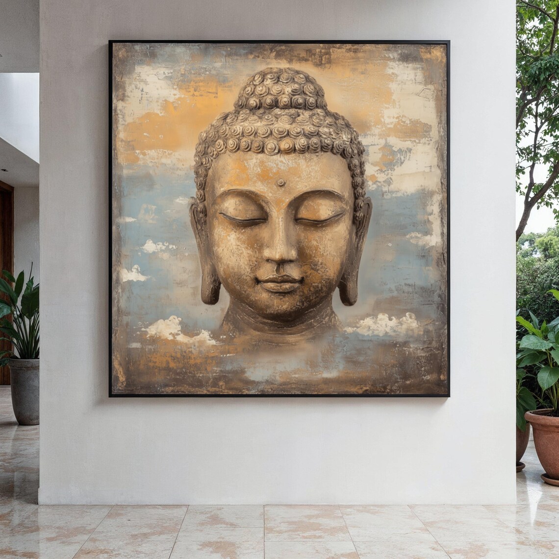 Golden Buddha Face Warm Vintage Clouds Spiritual Decor Poster