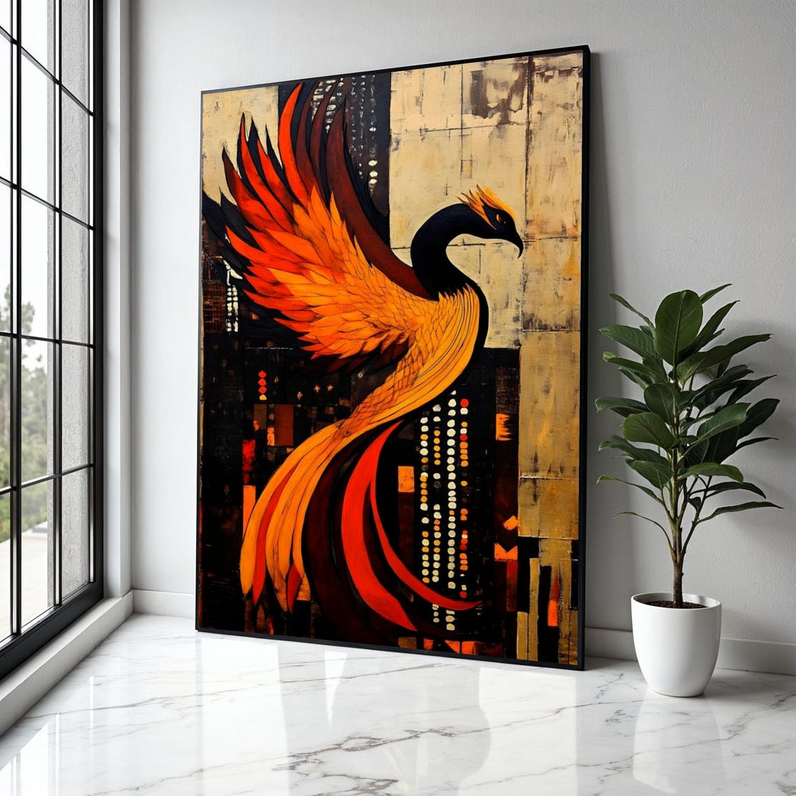 Fiery Phoenix Rising Abstract Orange Red Flame Bird Art Poster