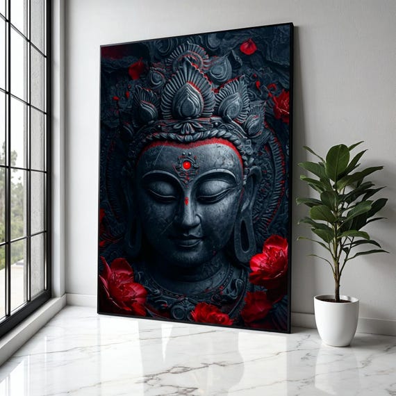 Mystic Buddha Face Canvas Wall Art Red Accents Spiritual Decor Meditation Room Zen Home Decoration Gift Print