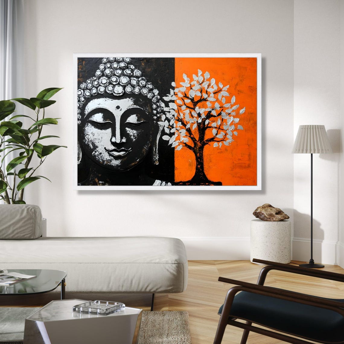 Half Buddha Face Half White Tree Split Design On Orange Poster