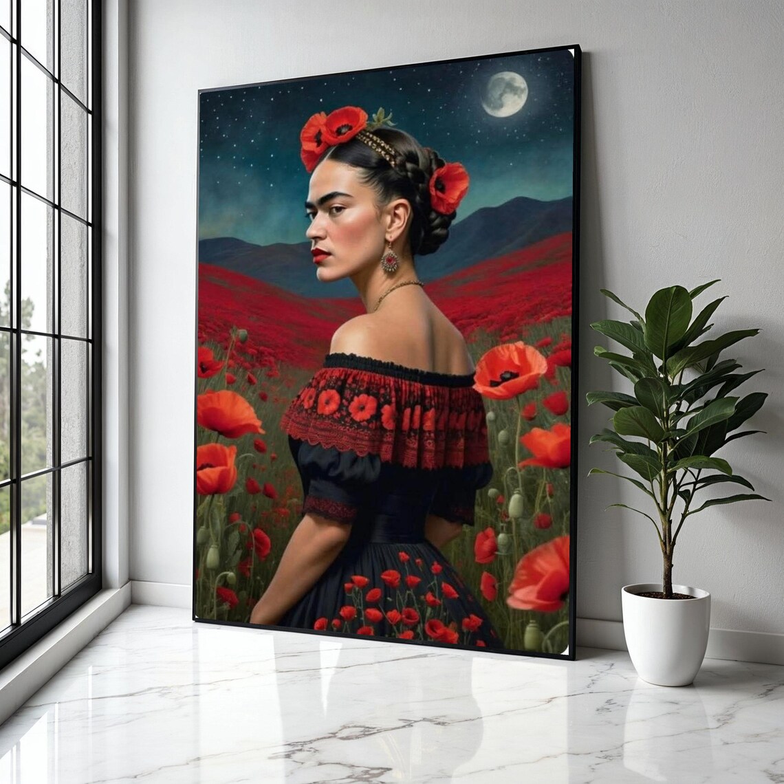 Frida Kahlo Inspired Woman In A Red Poppy Field Under The Moon Poster