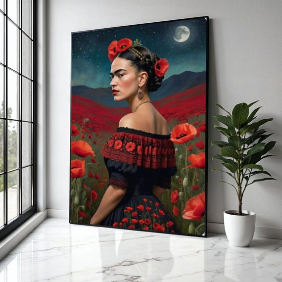 Frida Inspired Woman Portrait Canvas Red Poppy Field Wall Art Ethnic Floral Decoration Night Sky Moon Gift Home Decor Print