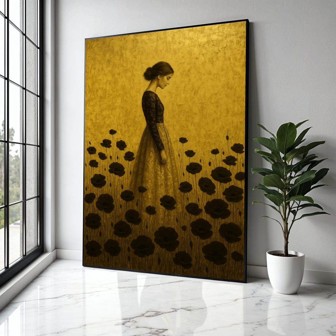 Elegant Woman In Black Lace Dress Golden Floral Field Canvas Vintage Style Wall Art Romantic Poppy Flowers Gift Home Decor Print