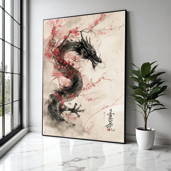 Asian Dragon Cherry Blossom Ink Wash Art Print