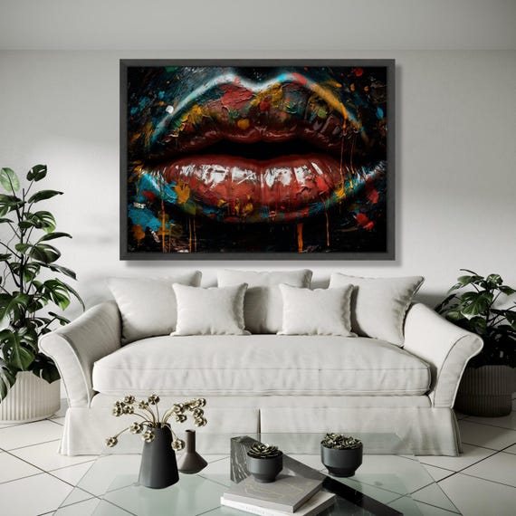 Abstract Painted Lips Canvas Wall Art Colorful Drip Effect Modern Face Closeup Bold Makeup Print Gift Home Decor